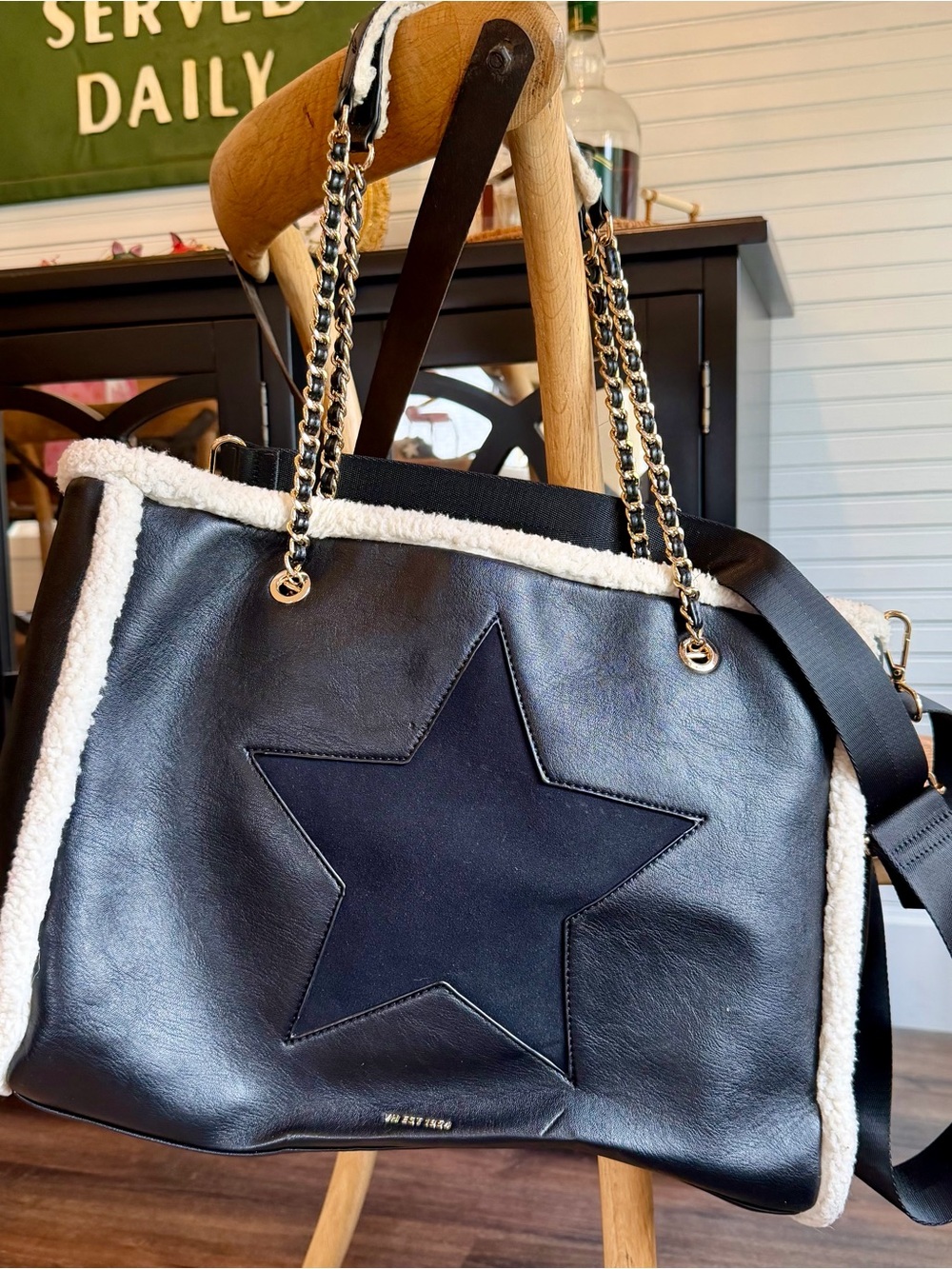 Vintage Havana Black Tote with Cream Shearling Trim and Star Accent